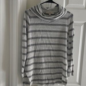 LOFT Striped Cowl Neck Sweater in Gray and White